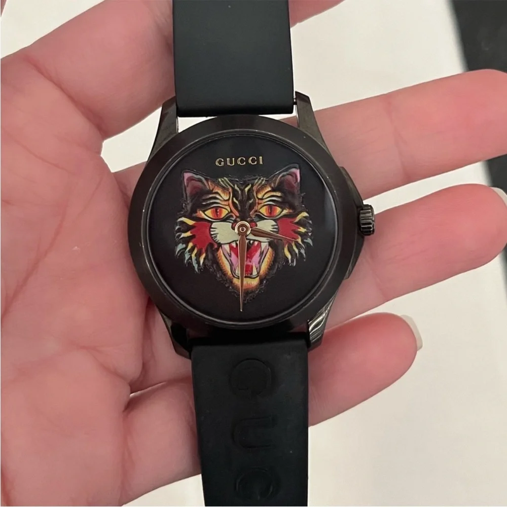 Gucci Black Watch with Multicolor Cat Face Dial